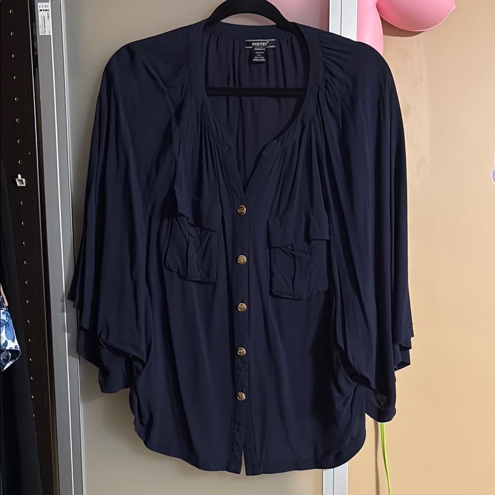 Vintage Navy Blue Women's Top with flared sleeves